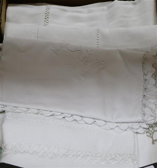 A collection of French embroidered linen sheets, pillow cases etc
